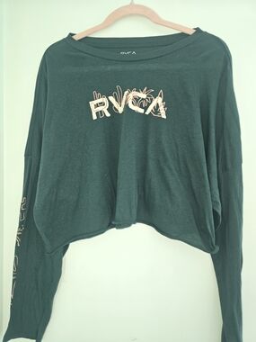 RVCA Forest Green Crop Long-Sleeve Tee with Light Peach Logo